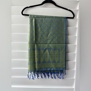 Paisley print Green and Blue Patterned Indian style silk Scarf with Tassels